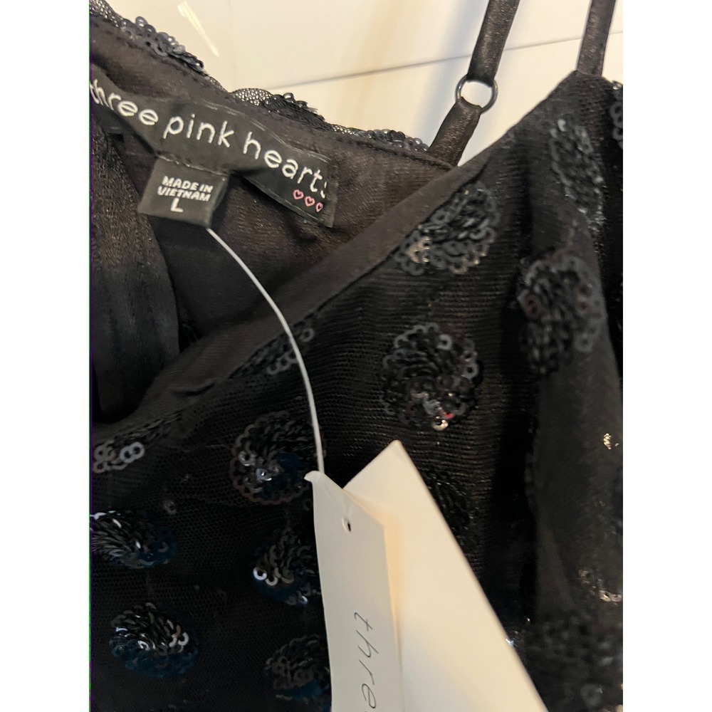 Three Pink Hearts Black Sequin Floral Mesh Mini Dress 26T4937STI Women's Large - Picture 4 of 8